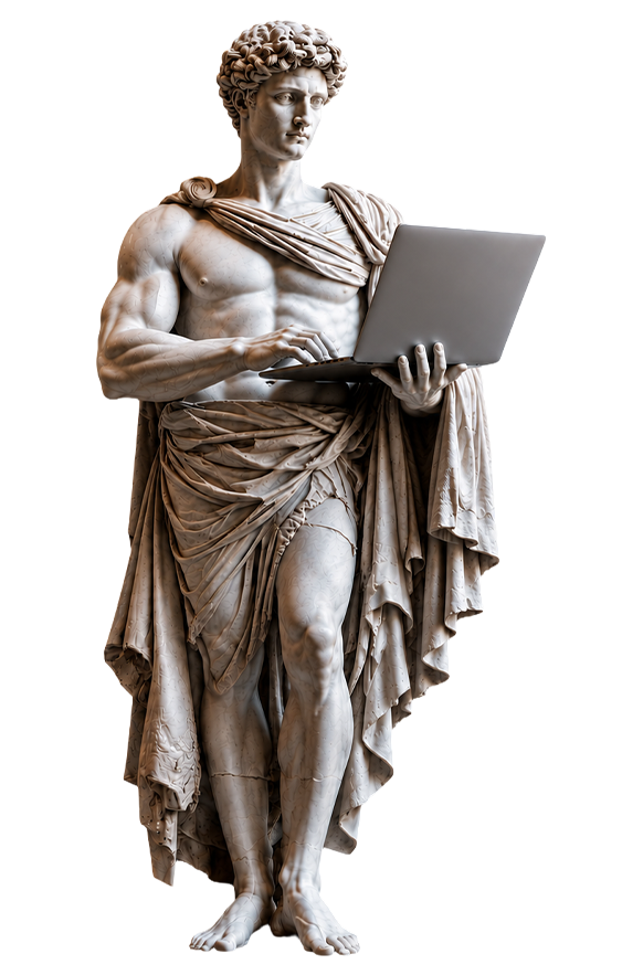 Classical marble statue holding a laptop, representing timeless design paired with modern web development